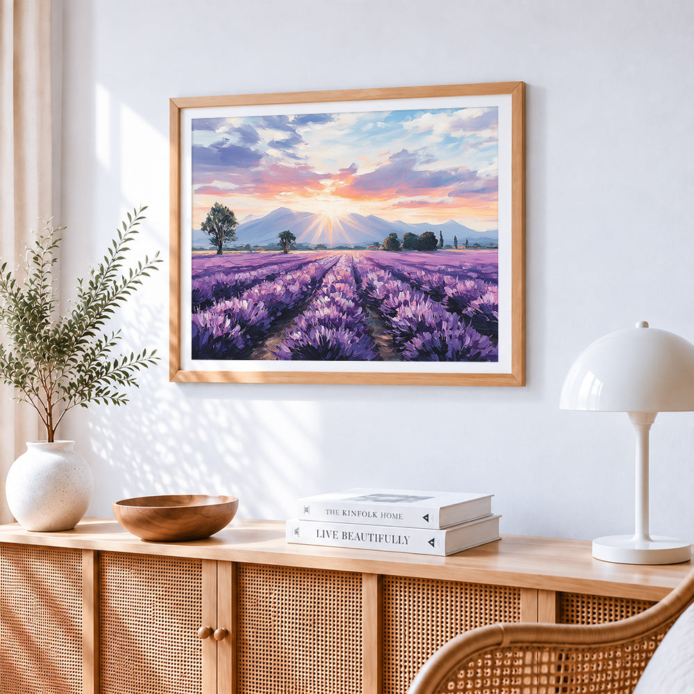 Lavender field and mountain cross stitch artwork displayed on wall as home decor