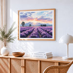 Lavender field and mountain cross stitch artwork displayed on wall as home decor