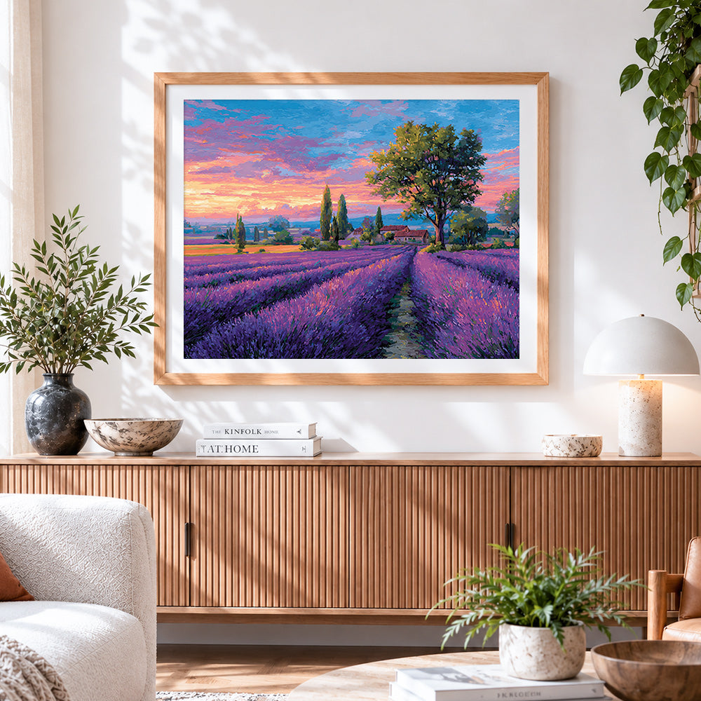 Finished lavender field at sunset cross stitch artwork displayed