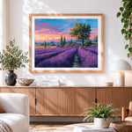 Finished lavender field at sunset cross stitch artwork displayed