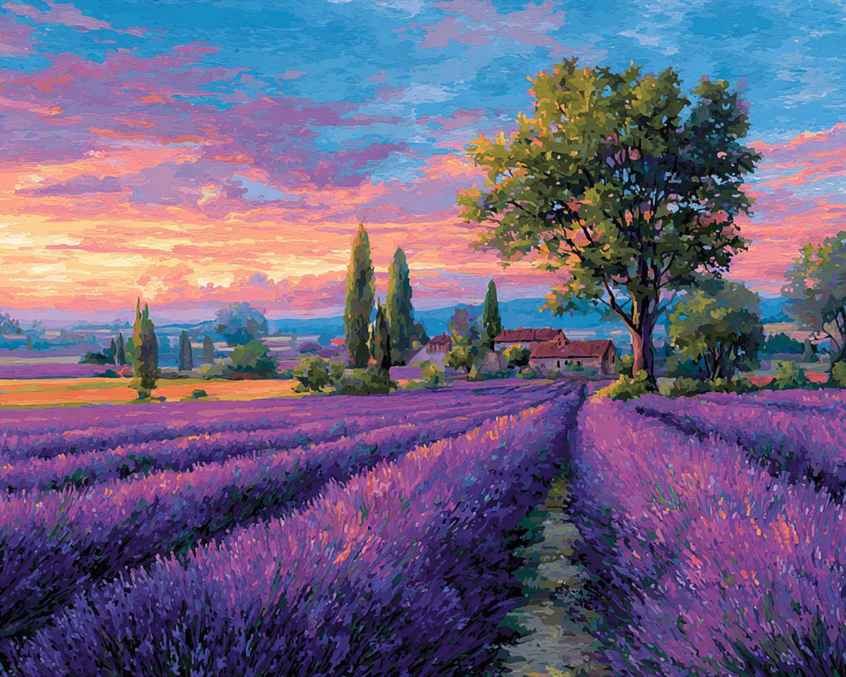 Lavender field at sunset cross stitch kit for beginners