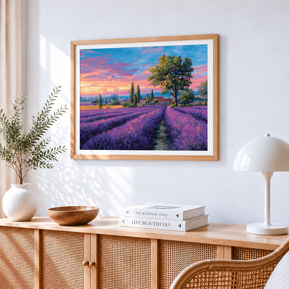 Lavender field at sunset cross stitch artwork displayed on wall as home decor