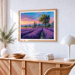 Lavender field at sunset paint by numbers artwork displayed on wall as home decor
