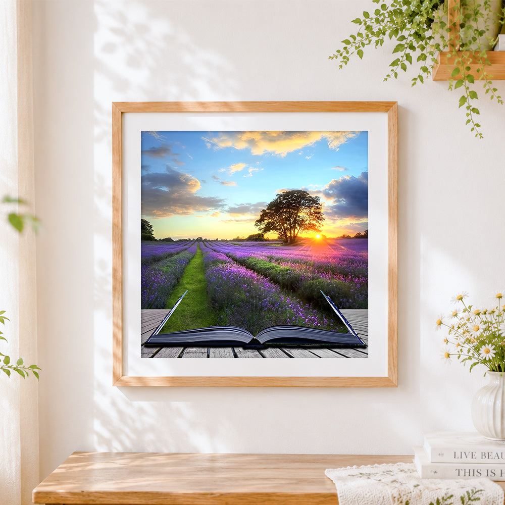 Finished lavender field in a book cross stitch artwork displayed