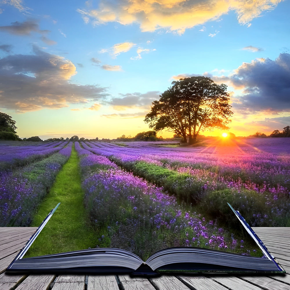 Lavender field in a book cross stitch kit for beginners