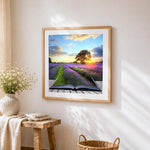 Lavender field in a book cross stitch artwork displayed on wall as home decor