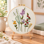 Lavender wildflower embroidery kit finished hoop displayed on a wooden stand as cozy tabletop decor