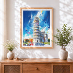 Finished leaning tower of pisa cross stitch artwork displayed