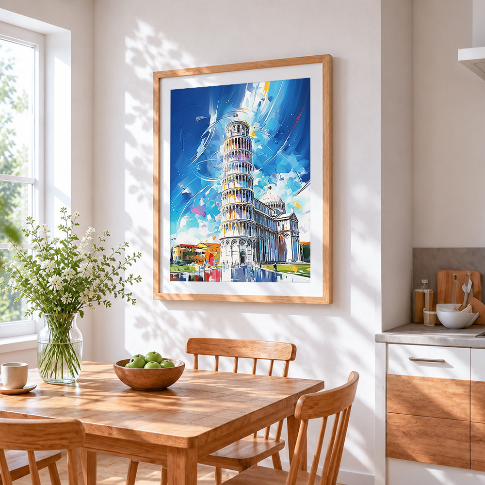 Leaning tower of pisa cross stitch artwork displayed on wall as home decor