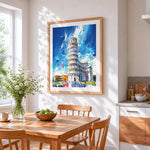 Leaning tower of pisa cross stitch artwork displayed on wall as home decor