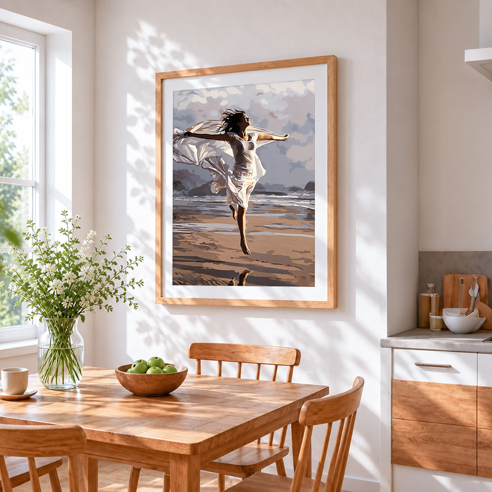 Leap of joy cross stitch artwork displayed on wall as home decor