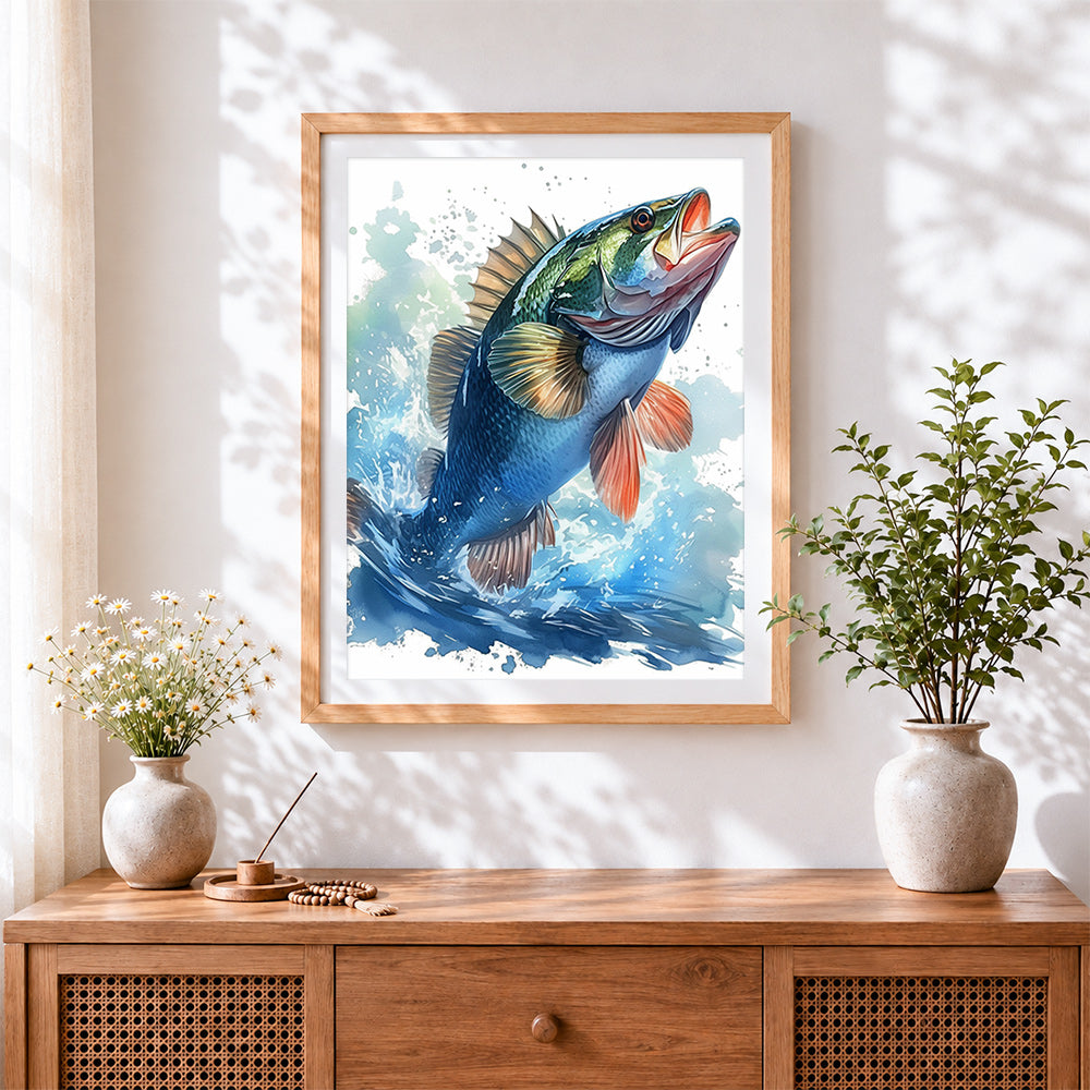 Finished leaping bass fish cross stitch artwork displayed