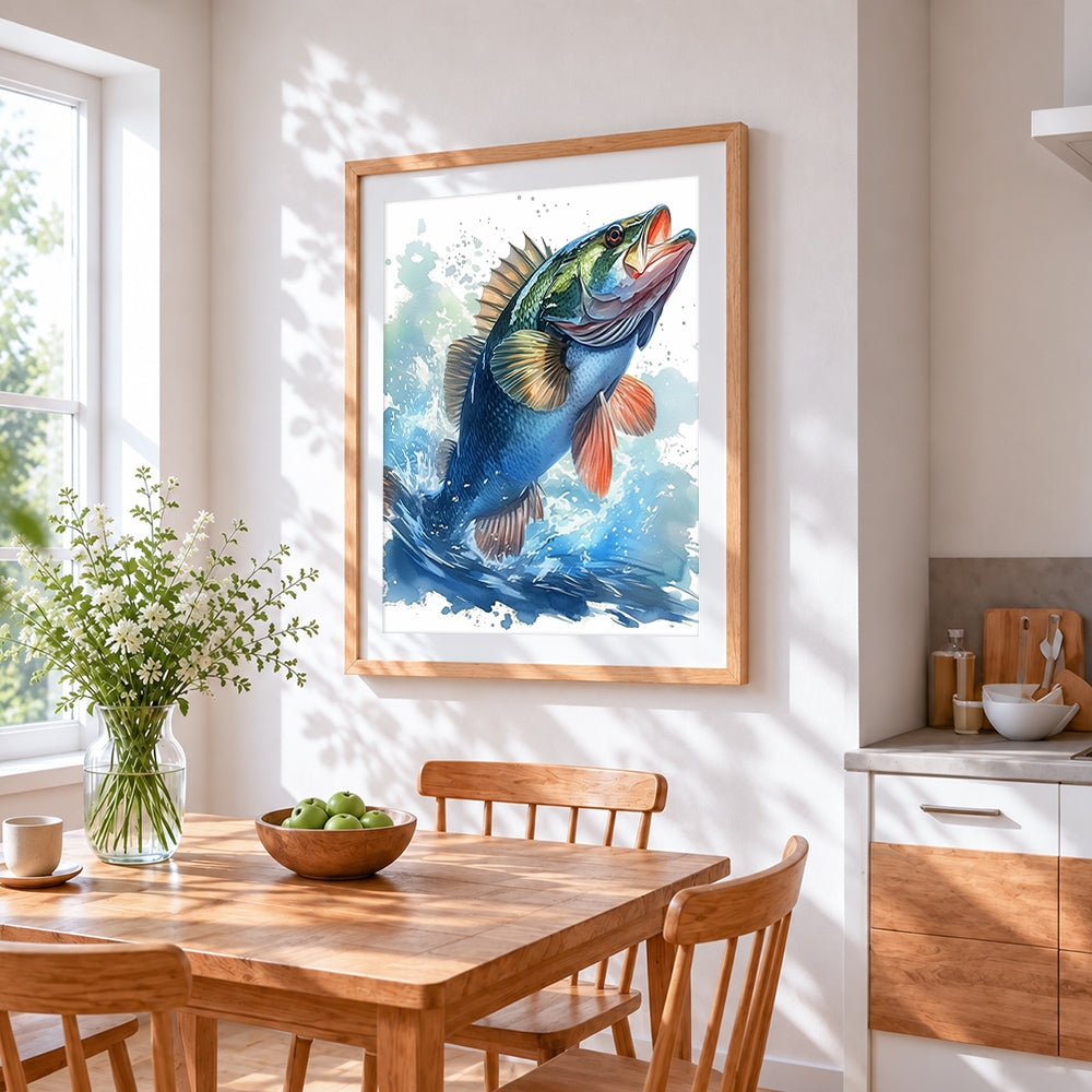 Leaping bass fish cross stitch artwork displayed on wall as home decor
