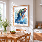 Leaping bass fish cross stitch artwork displayed on wall as home decor