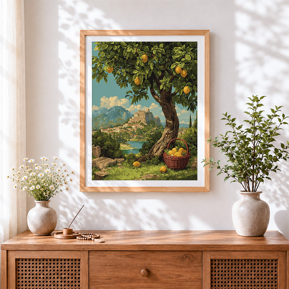 Finished lemon tree and hillside village cross stitch artwork displayed