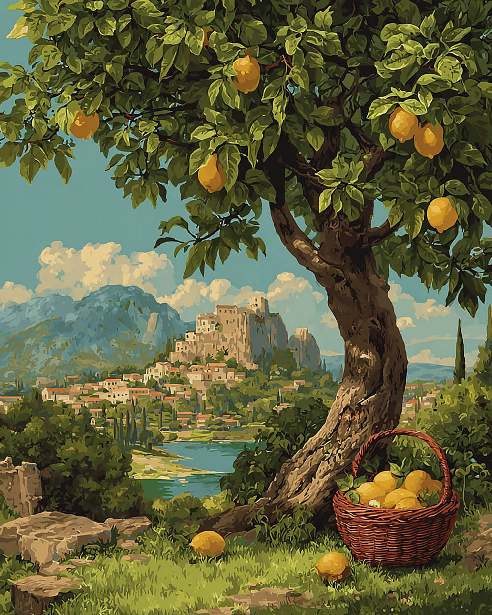 Lemon tree and hillside village cross stitch kit for beginners