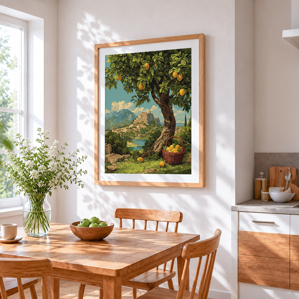 Lemon tree and hillside village cross stitch artwork displayed on wall as home decor