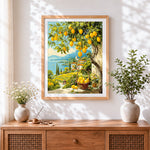 Finished lemon tree and lakeside village cross stitch artwork displayed