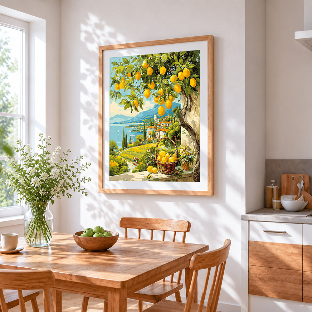 Lemon tree and lakeside village cross stitch artwork displayed on wall as home decor