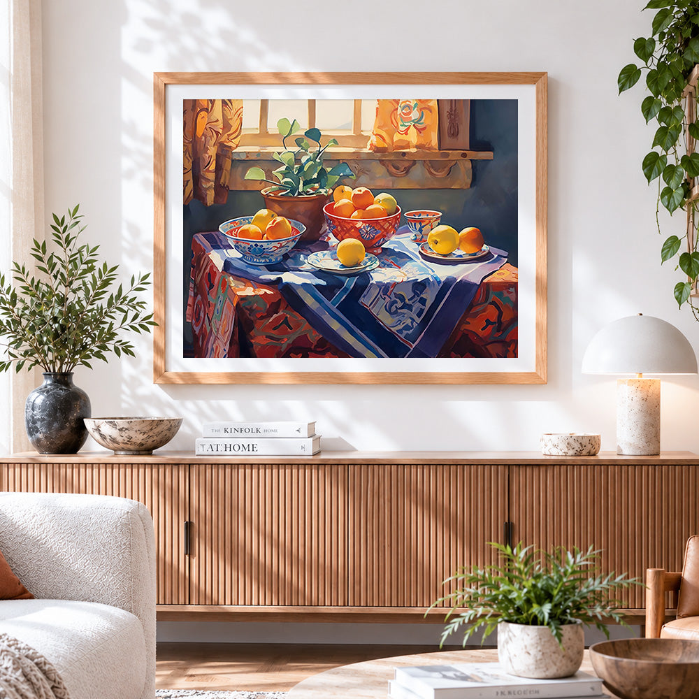Finished lemons and terracotta pots by the window cross stitch artwork displayed