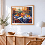 Lemons and terracotta pots by the window cross stitch artwork displayed on wall as home decor