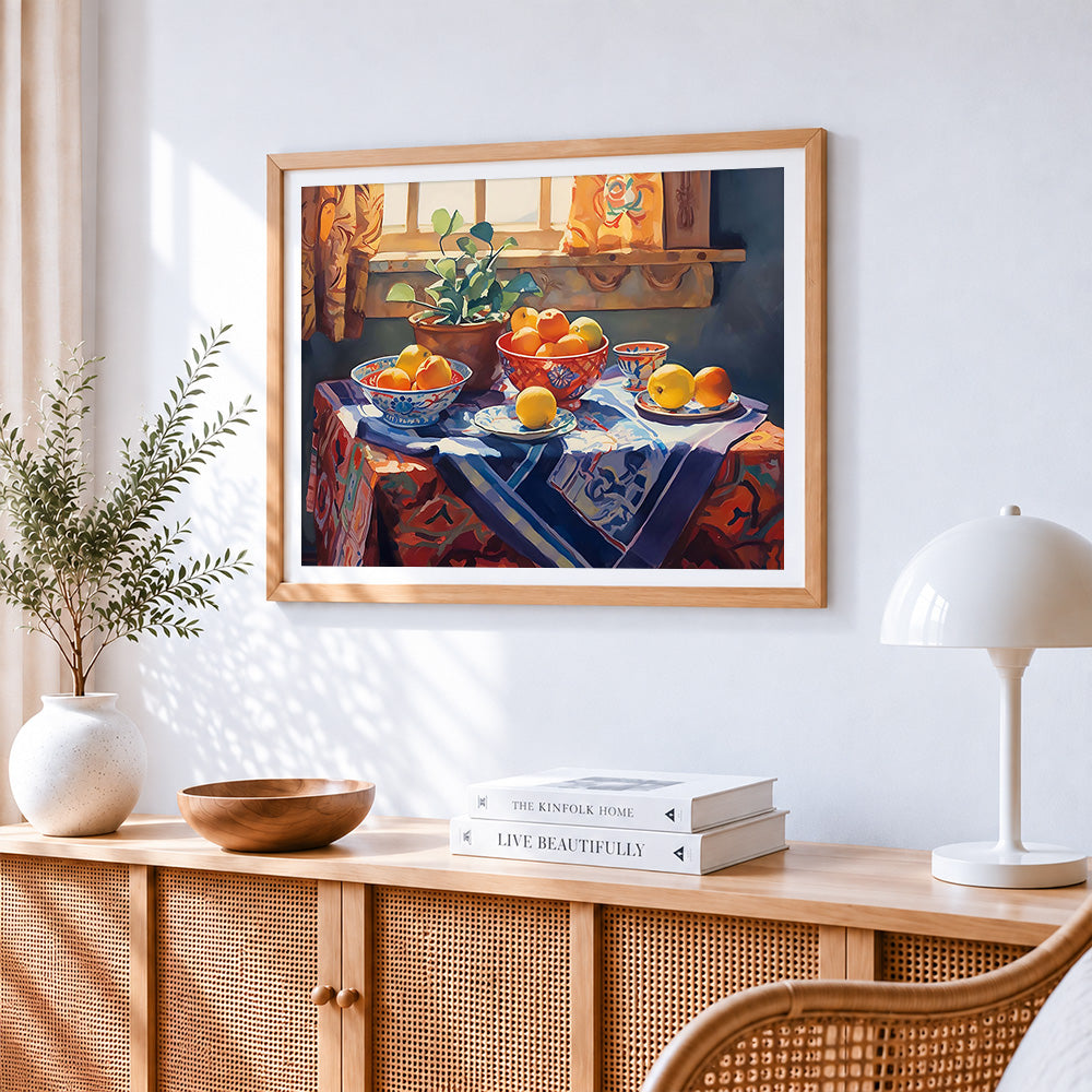 Lemons and terracotta pots by the window cross stitch artwork displayed on wall as home decor