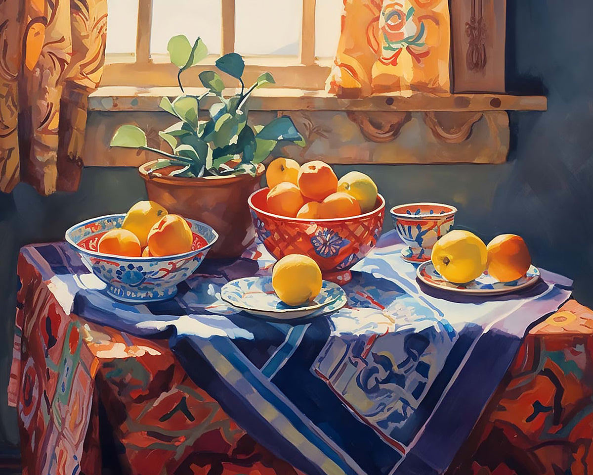 Lemons and terracotta pots by the window paint by numbers kit for beginners