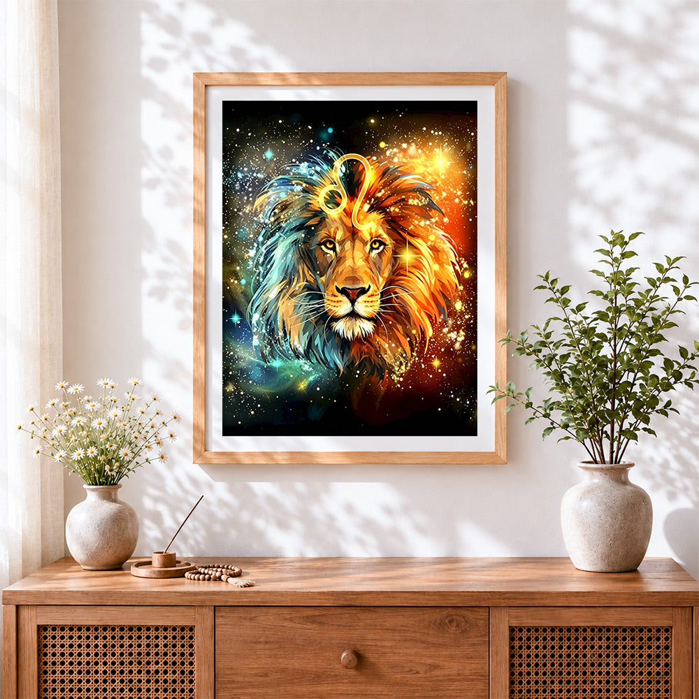 Finished leo zodiac galaxy lion cross stitch artwork displayed