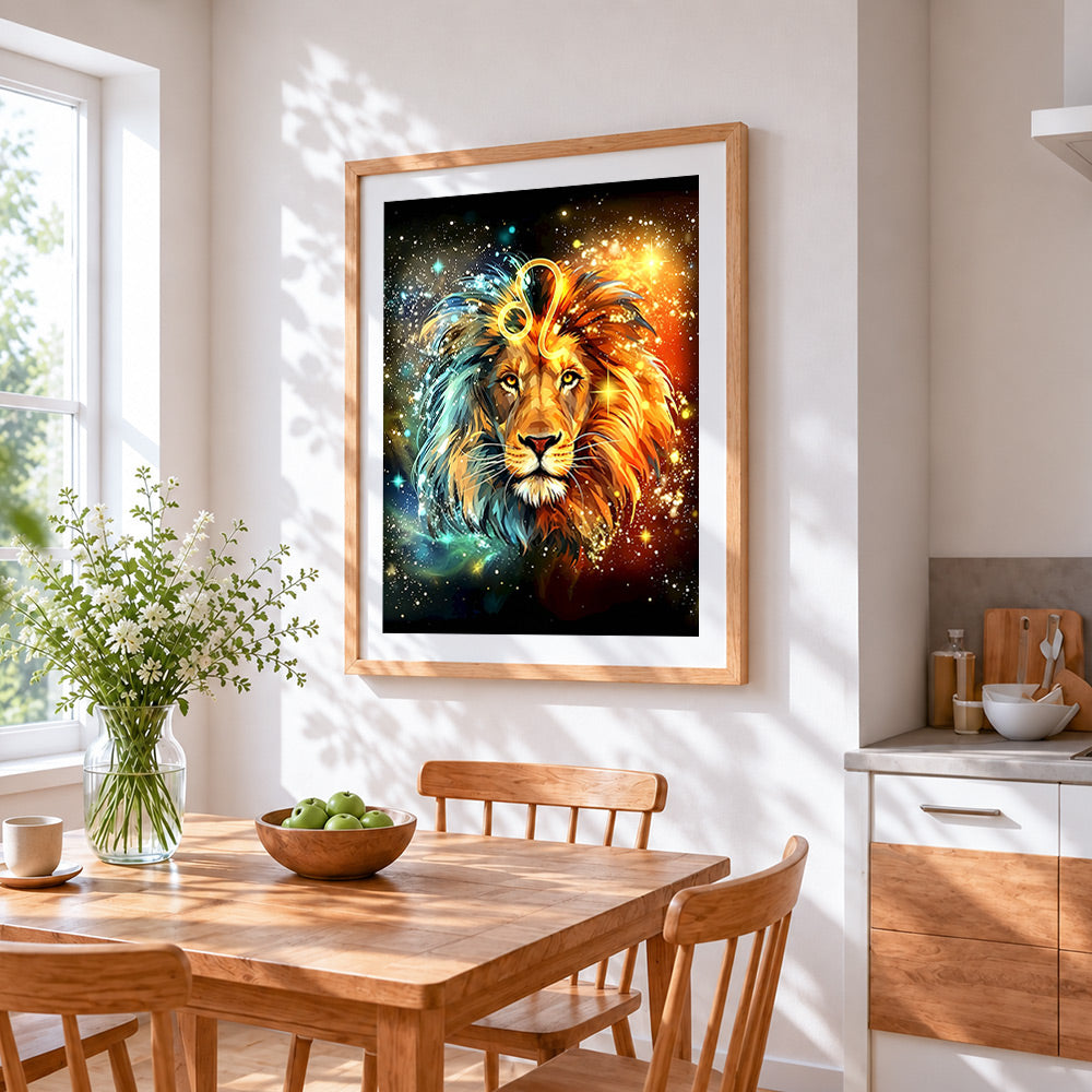 Leo zodiac galaxy lion cross stitch artwork displayed on wall as home decor