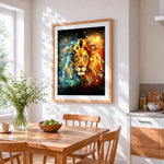 Leo zodiac galaxy lion cross stitch artwork displayed on wall as home decor