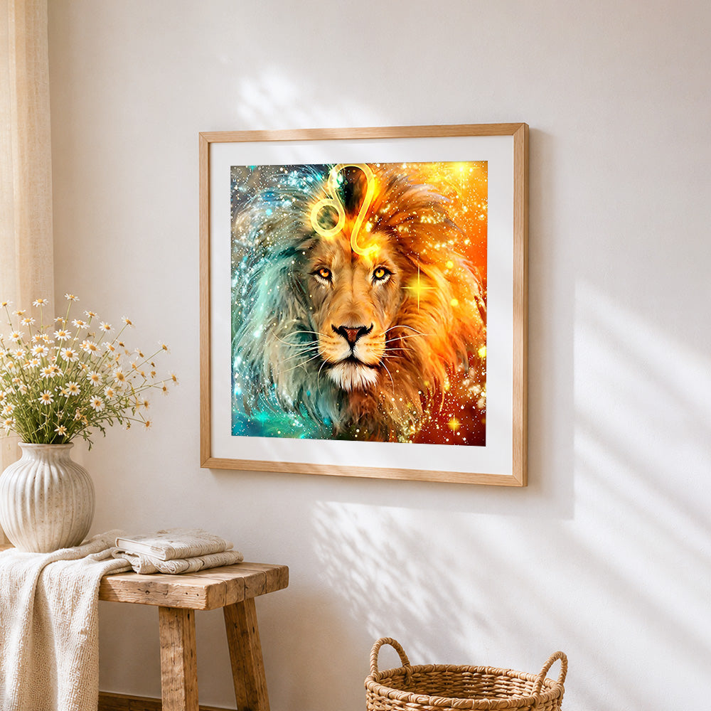 Leo zodiac lion in starry sky cross stitch artwork displayed on wall as home decor
