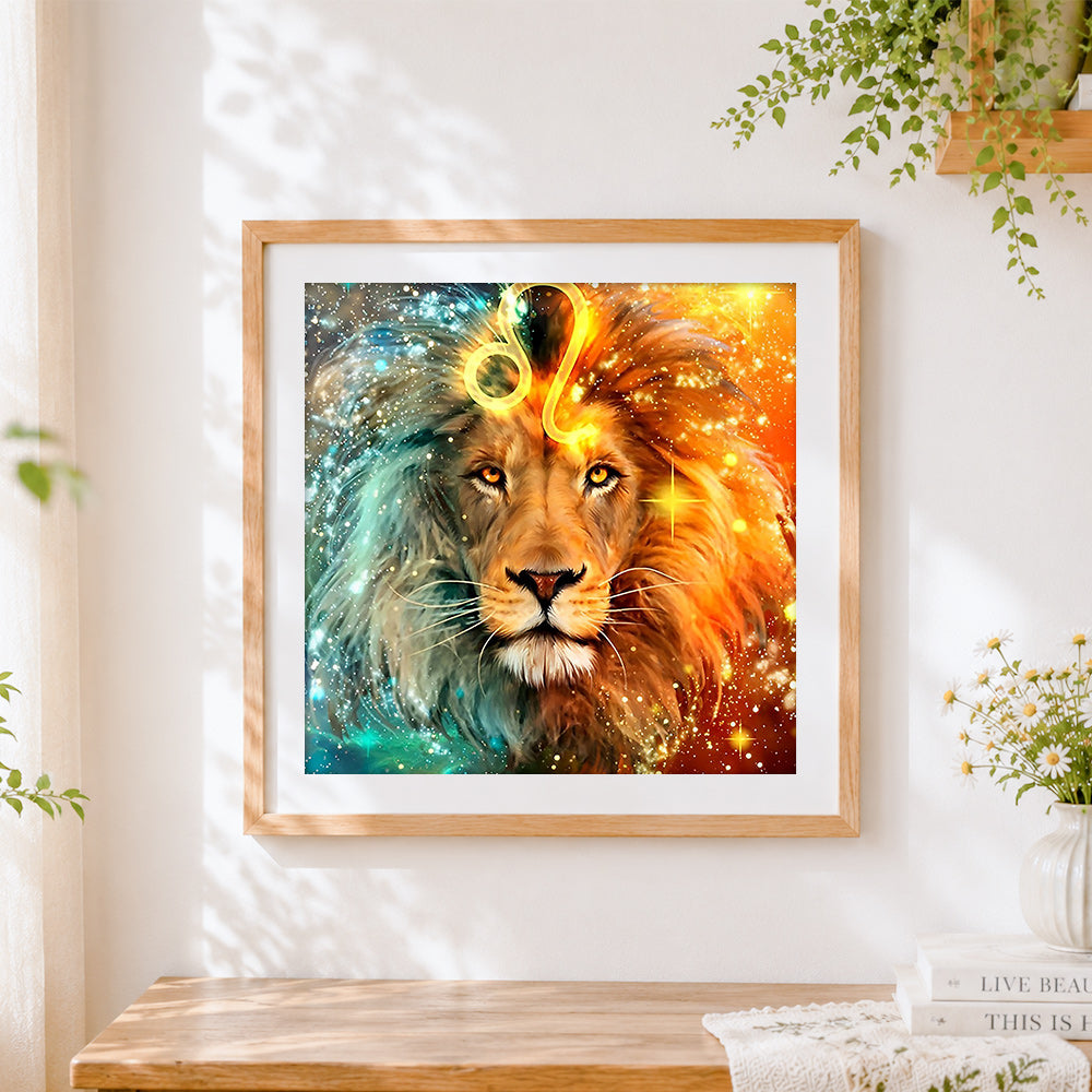 Finished leo zodiac lion in starry sky paint by numbers artwork displayed as home decor