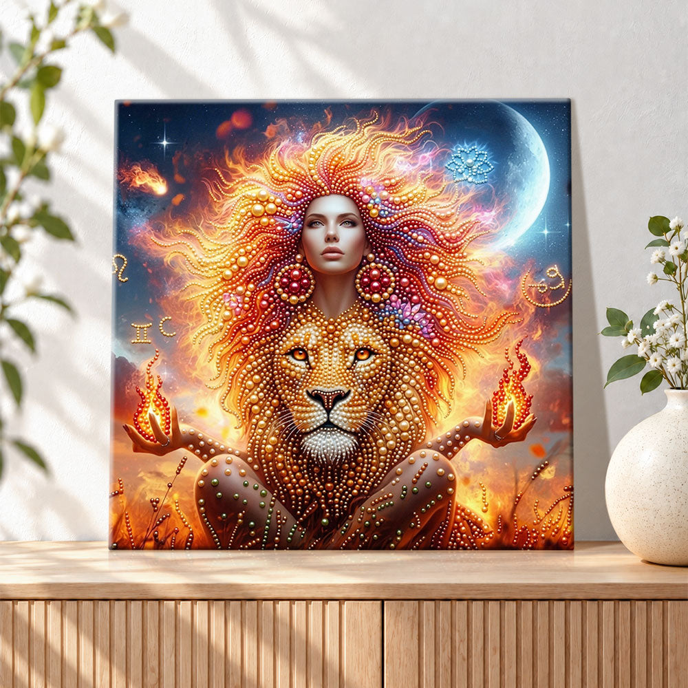 Finished leo zodiac woman with fiery spirit pearl diamond painting artwork displayed as holiday home decor