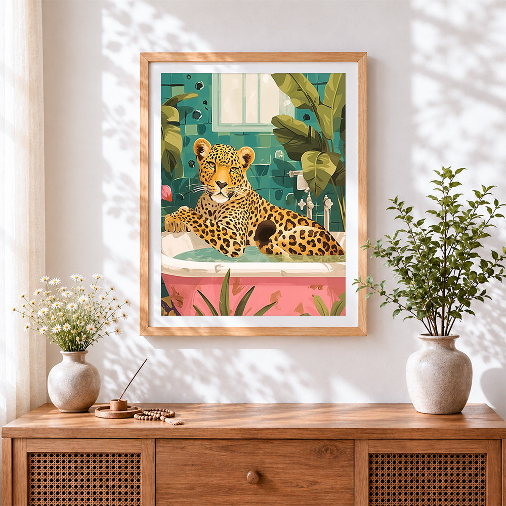 Finished leopard in bathtub paint by numbers artwork displayed as home decor