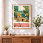 Finished leopard in bathtub paint by numbers artwork displayed as home decor