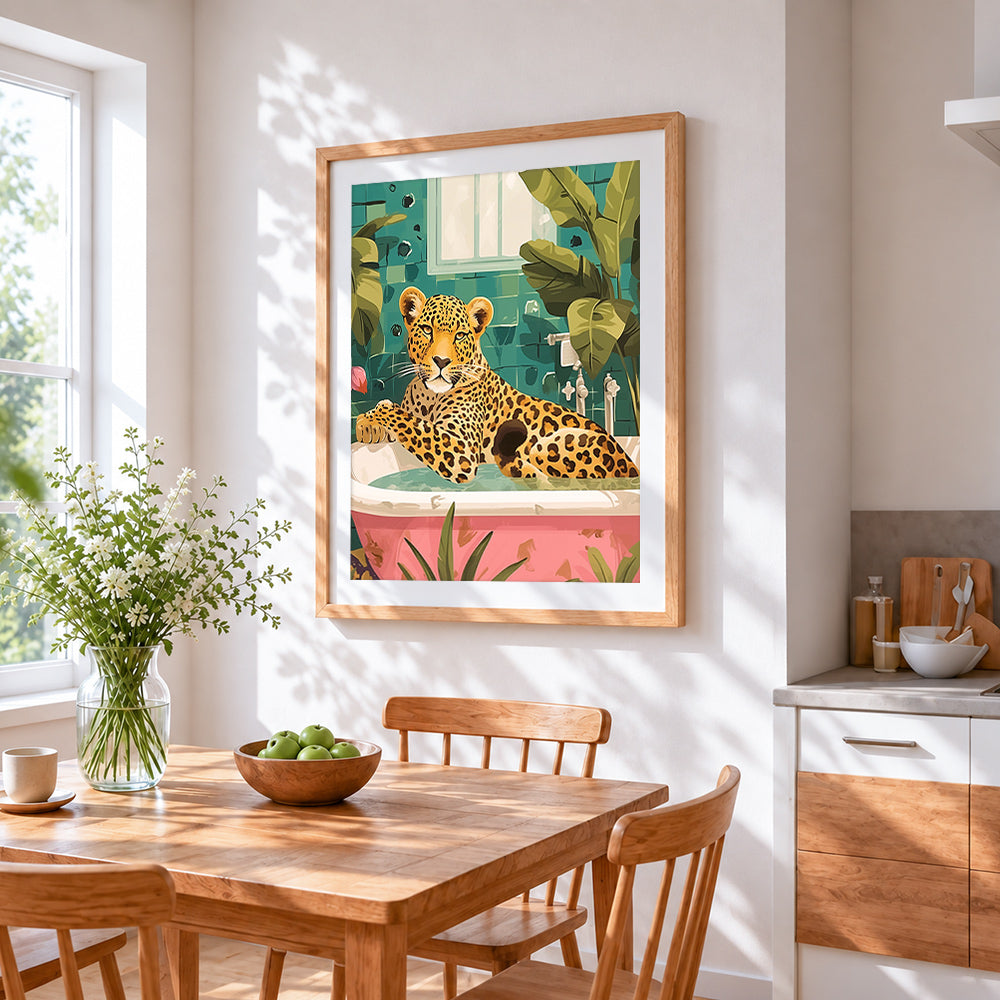 Leopard in bathtub paint by numbers artwork displayed on wall as home decor