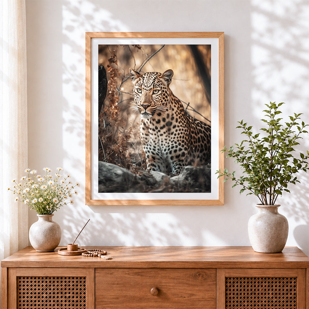 Finished leopard in natural habitat paint by numbers artwork displayed as home decor