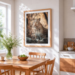 Leopard in natural habitat paint by numbers artwork displayed on wall as home decor