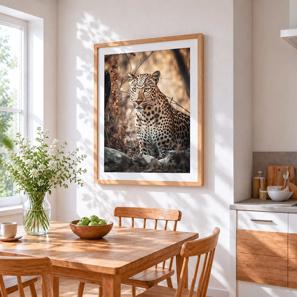 Leopard in natural habitat paint by numbers artwork displayed on wall as home decor