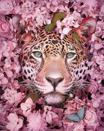 Leopard surrounded by pink blossoms cross stitch kit for beginners