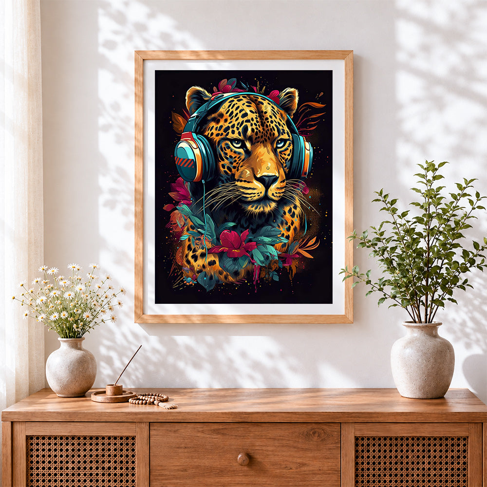 Finished leopard with headphones paint by numbers artwork displayed as home decor