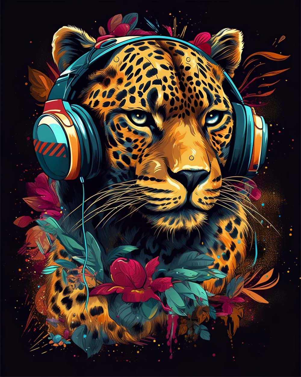 Leopard with headphones paint by numbers kit for beginners