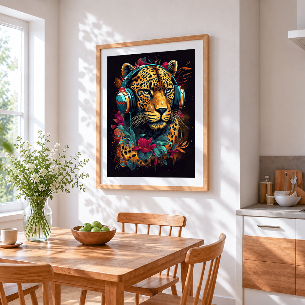Leopard with headphones paint by numbers artwork displayed on wall as home decor