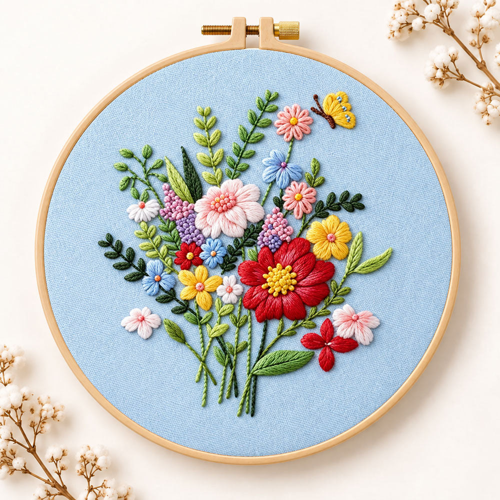 Light blue florals with butterfly embroidery kit