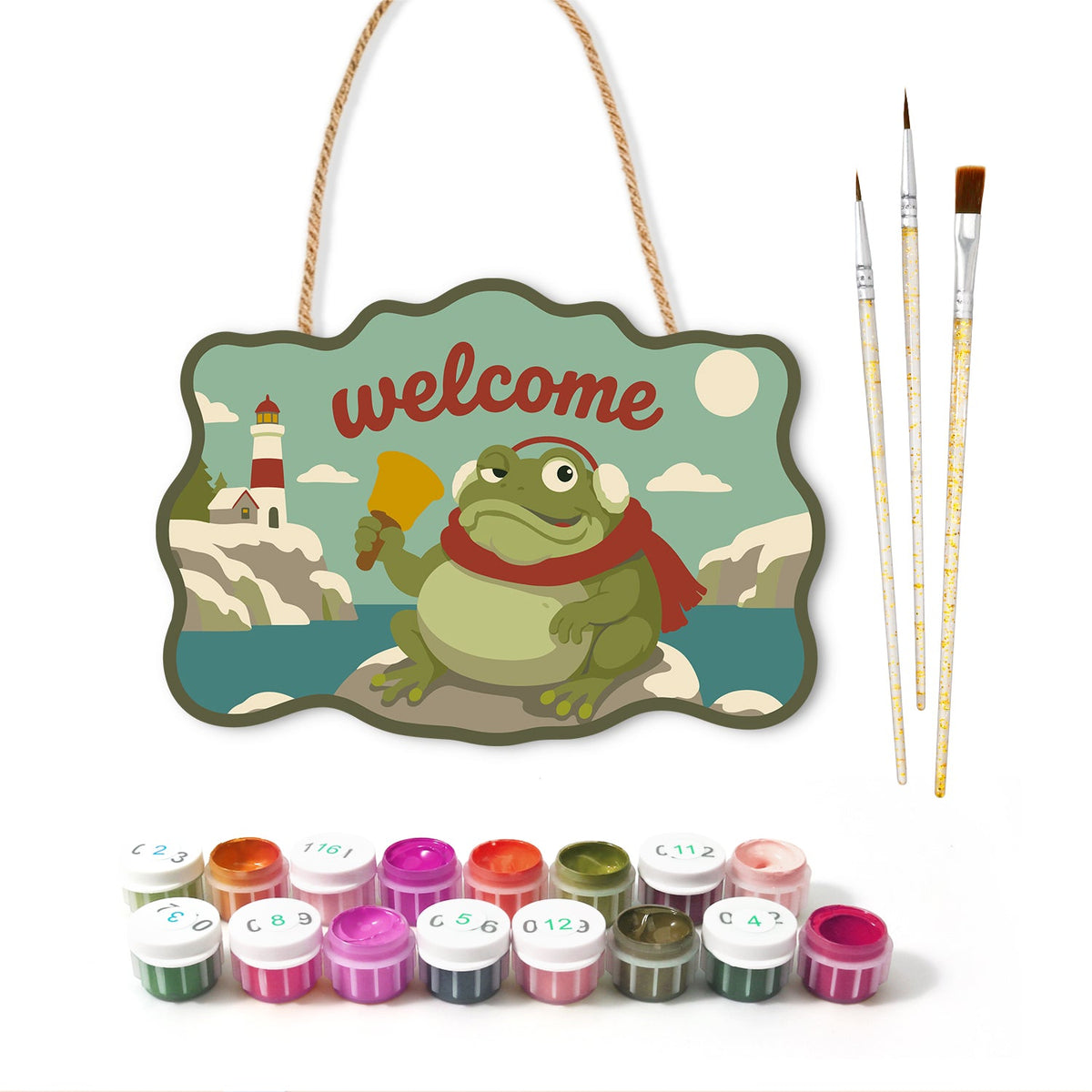 Lighthouse frog greeting paint by numbers door hanger with paints and brushes