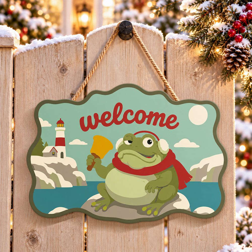 Lighthouse frog greeting paint by numbers door hanger on a garden gate
