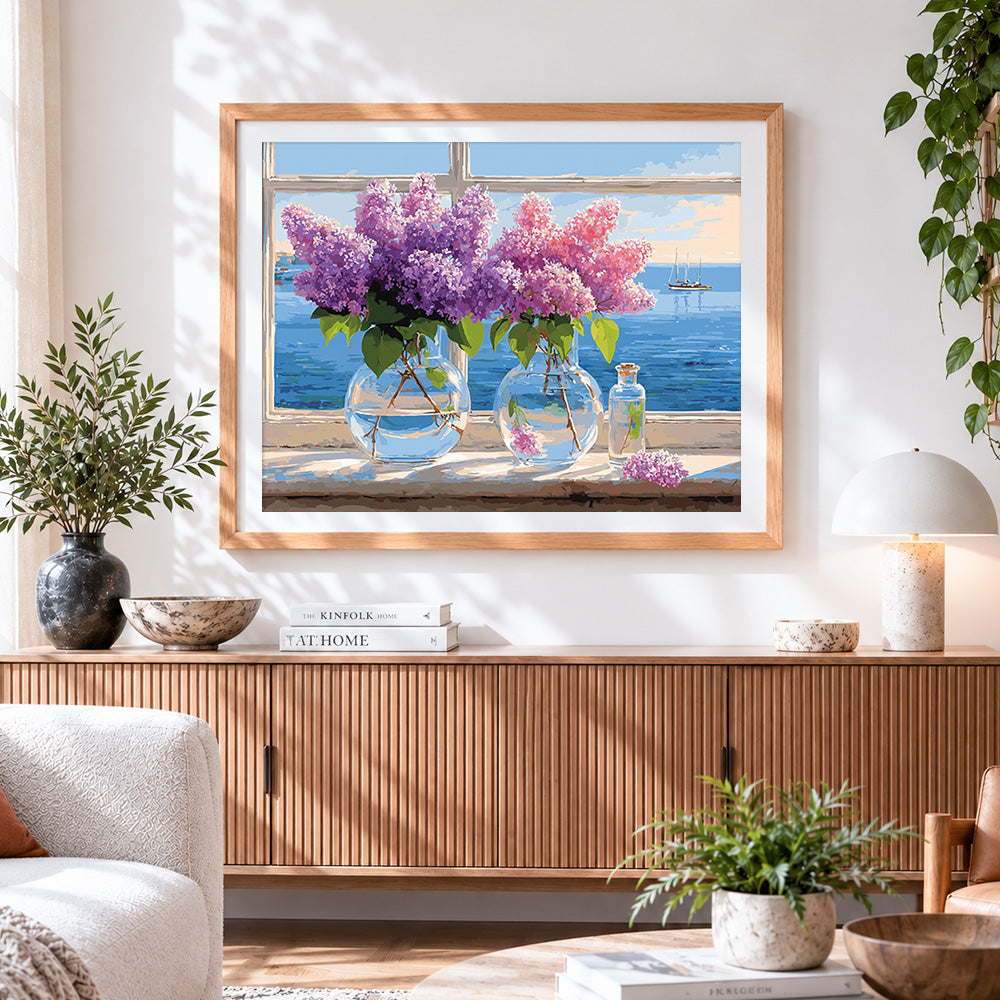 Finished lilacs by the window with sea view paint by numbers artwork displayed as home decor
