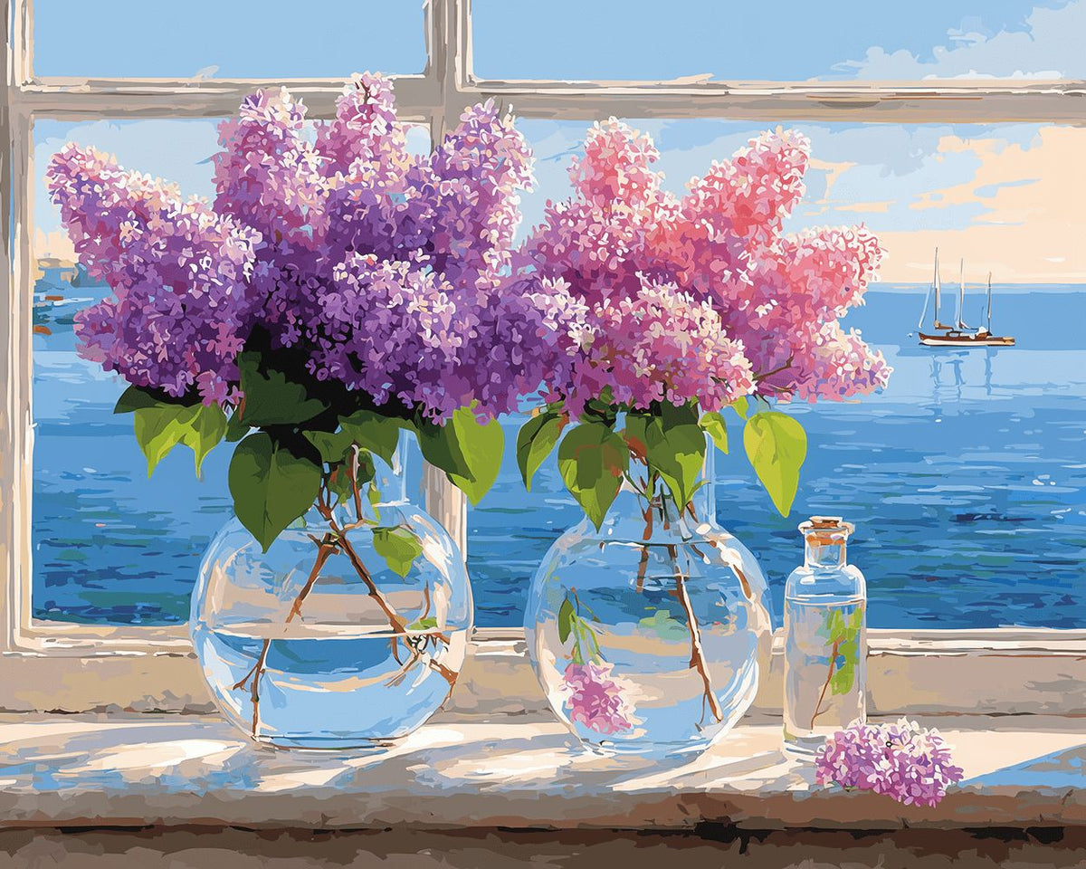 Lilacs by the window with sea view paint by numbers kit for beginners