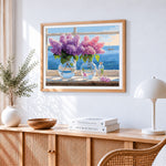 Lilacs by the window with sea view paint by numbers artwork displayed on wall as home decor