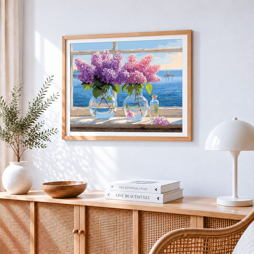 Lilacs by the window with sea view paint by numbers artwork displayed on wall as home decor